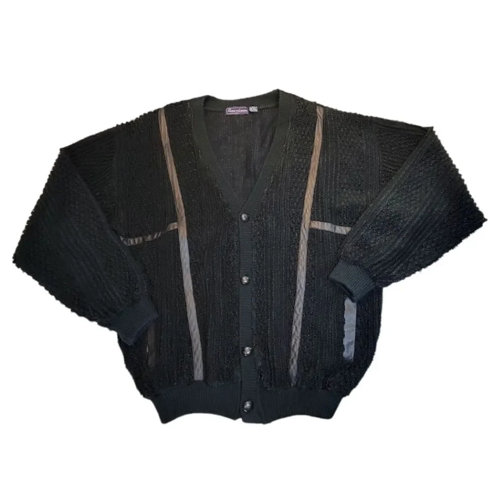 Eclectic Grandpacore Vintage Terry Knit Sweater Cardigan with Leather Trim